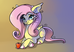 Size: 1451x1030 | Tagged: safe, artist:easthoku, imported from derpibooru, fluttershy, pegasus, pony, apple, big ears, colored hooves, cute, female, food, looking at you, lying, simple background, smiling, smiling at you, solo