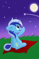 Size: 1181x1771 | Tagged: safe, artist:exobass, imported from derpibooru, minuette, pony, unicorn, female, moon, night, pointing, shooting star, sky, solo