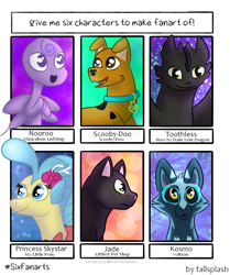 Size: 1005x1200 | Tagged: safe, artist:fallsplash, imported from derpibooru, princess skystar, cat, dog, dragon, seapony (g4), six fanarts, my little pony: the movie, :d, bubble, bust, collar, crossover, eyelashes, female, how to train your dragon, jade (character), jade catkin, jewelry, kwami, littlest pet shop, male, miraculous ladybug, necklace, nooroo, ocean, open mouth, pearl necklace, scooby doo, smiling, toothless the dragon, underwater, voltron, water