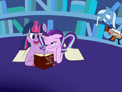 Size: 4896x3672 | Tagged: safe, artist:aaron amethyst, imported from derpibooru, starlight glimmer, trixie, twilight sparkle, alicorn, pony, unicorn, blanket, book, female, heart, jealous, lesbian, library, love triangle, mare, reading, shipping, this will not end well, trixie is not amused, twilight sparkle (alicorn), twilight's castle, twilight's castle library, twistarlight, unamused, watergun