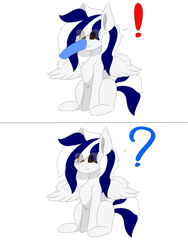 Size: 6000x8000 | Tagged: safe, artist:skylarpalette, imported from derpibooru, oc, oc only, oc:swift, pegasus, pony, 2 panel comic, boop, chest fluff, comic, crying, disembodied hoof, ear fluff, exclamation point, fluffy, fluffy mane, male, pegasus oc, pegasus wings, question mark, sad, scrunch, scrunchy face, shocked, simple background, simple shading, sitting, solo focus, spread wings, stallion, white background, wings