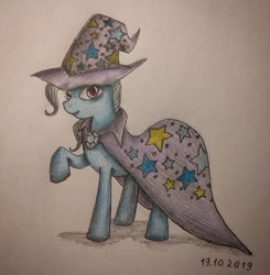 Size: 1080x1103 | Tagged: safe, artist:_vi_o_li_nist_, artist:violinist, imported from derpibooru, trixie, pony, unicorn, cape, clothes, diamond, eyelashes, female, hat, mare, simple background, solo, stars, traditional art, trixie's cape, trixie's hat, white hair