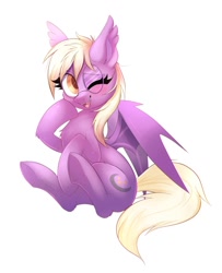 Size: 832x1024 | Tagged: safe, artist:confetticakez, imported from derpibooru, oc, oc only, oc:pinkfull night, bat pony, pony, bat pony oc, bat wings, blushing, cute, fangs, female, filly, giggling, glasses, looking at you, ocbetes, one eye closed, simple background, sitting, solo, teenager, white background, wings