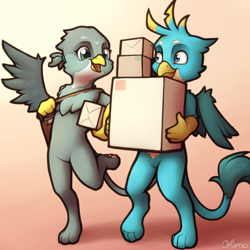 Size: 2000x2000 | Tagged: safe, artist:ohemo, imported from derpibooru, gabby, gallus, griffon, semi-anthro, atg 2020, bipedal, cute, duo, featureless crotch, female, gabbybetes, gallabetes, gradient background, helping, male, newbie artist training grounds, package, paw pads, paws, toe beans, underpaw