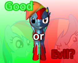 Size: 800x647 | Tagged: safe, imported from derpibooru, rainbow dash, pegasus, pony, secrets and pies, 3d, 3d pony creator, crossover, evil, evil pie hater dash, front view, game crossover, good, good vs evil, gradient, green, mega man zero, megaman zero, mlp megaman zero crossover, mlp:fim, omega rainbow dash, omega zero, red, zero