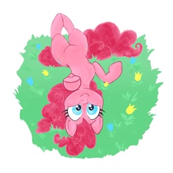 Size: 1024x1024 | Tagged: safe, artist:pfeffaroo, imported from derpibooru, pinkie pie, earth pony, pony, cute, diapinkes, female, flower, grass, looking at you, mare, on back, partial background, pointing, smiling, solo, underhoof, upside down