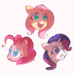 Size: 1302x1302 | Tagged: safe, artist:mirroredsea, imported from derpibooru, fluttershy, pinkie pie, rarity, pony, bust, female, head only, mare, no pupils, open mouth, portrait, simple background, trio, white background