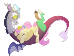 Size: 1024x768 | Tagged: safe, artist:cinnamontee, imported from derpibooru, discord, fluttershy, draconequus, pegasus, pony, the last problem, cute, discoshy, eyes closed, female, flower, flower in hair, male, mare, older, older fluttershy, prone, shipping, simple background, sleeping, straight, transparent background