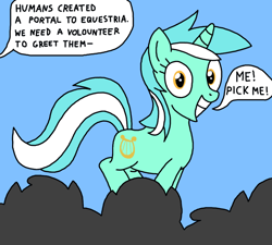 Size: 1000x900 | Tagged: safe, artist:nopony, imported from derpibooru, lyra heartstrings, pony, unicorn, atg 2020, comic, crowd, female, humie, irrational exuberance, jumping, lyra doing lyra things, mare, newbie artist training grounds, portal to equestria, smiling, solo focus, speech bubble, text, that pony sure does love humans