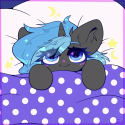 Size: 1939x1939 | Tagged: safe, artist:etoz, imported from derpibooru, oc, oc only, oc:nappy, pony, unicorn, bed, blushing, mimir, smiling, solo, trans female, transgender