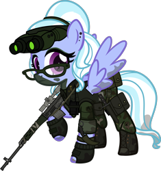 Size: 5000x5321 | Tagged: safe, artist:n0kkun, imported from derpibooru, sugarcoat, pegasus, pony, belt, boots, camouflage, clothes, commission, dirt, dragunov, ear piercing, earring, equestria girls ponified, eyeshadow, female, fingerless gloves, glasses, gloves, goggles, gun, hairband, holster, jewelry, karambit, knife, makeup, mare, mercenary, mud, night vision goggles, pants, piercing, ponified, pouch, radio, raised hoof, rifle, shoes, simple background, sniper rifle, solo, transparent background, walkie talkie, weapon