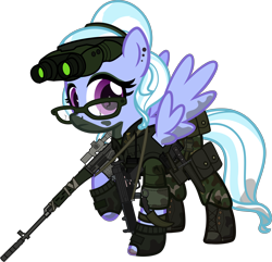 Size: 6000x5792 | Tagged: safe, artist:n0kkun, imported from derpibooru, sugarcoat, pegasus, pony, belt, boots, camouflage, clothes, commission, dirt, dragunov, ear piercing, earring, equestria girls ponified, eyeshadow, female, fingerless gloves, glasses, gloves, goggles, gun, hairband, holster, jewelry, karambit, knife, makeup, mare, mercenary, mp5, mud, night vision goggles, pants, piercing, ponified, pouch, radio, raised hoof, rifle, shoes, simple background, sniper rifle, solo, submachinegun, transparent background, walkie talkie, weapon