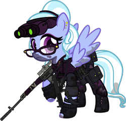 Size: 6000x5792 | Tagged: safe, alternate version, artist:n0kkun, imported from derpibooru, sugarcoat, pegasus, pony, belt, boots, camouflage, clothes, commission, dirt, dragunov, ear piercing, earring, equestria girls ponified, eyeshadow, female, fingerless gloves, glasses, gloves, goggles, gun, hairband, holster, jewelry, karambit, knife, makeup, mare, mercenary, mp5, mud, night vision goggles, pants, piercing, ponified, pouch, radio, raised hoof, rifle, shoes, simple background, sniper rifle, solo, submachinegun, transparent background, walkie talkie, weapon