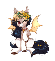 Size: 1318x1466 | Tagged: safe, artist:confetticakez, imported from derpibooru, oc, oc only, bat pony, pony, bat pony oc, bat wings, bell, collar, ear fluff, female, floral head wreath, flower, looking at you, mare, one eye closed, simple background, sitting, solo, white background, wings, wink