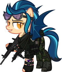 Size: 5000x5842 | Tagged: safe, artist:n0kkun, imported from derpibooru, indigo zap, bat pony, pony, aa-12, bat ponified, belt, boots, camouflage, clothes, commission, dirt, ear piercing, earring, equestria girls ponified, fangs, female, fingerless gloves, gloves, goggles, grin, gun, jacket, jewelry, mac-10, mare, mercenary, mud, pants, piercing, ponified, pouch, race swap, shoes, shotgun, simple background, smiling, solo, submachinegun, tattoo, transparent background, uzi, vest, watch, weapon, wristwatch