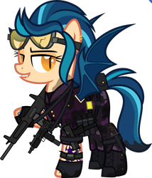 Size: 5000x5842 | Tagged: safe, alternate version, artist:n0kkun, imported from derpibooru, indigo zap, bat pony, pony, aa-12, bat ponified, belt, boots, camouflage, clothes, commission, dirt, ear piercing, earring, equestria girls ponified, fangs, female, fingerless gloves, gloves, goggles, grin, gun, jacket, jewelry, mac-10, mare, mercenary, mud, pants, piercing, ponified, pouch, race swap, shoes, shotgun, simple background, smiling, solo, submachinegun, tattoo, transparent background, uzi, vest, watch, weapon, wristwatch