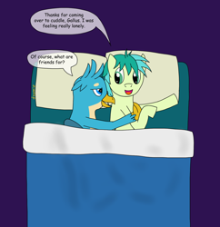 Size: 1454x1500 | Tagged: safe, artist:dzamie, imported from derpibooru, gallus, sandbar, griffon, pony, bed, colored, cuddling, digital art, duo, gallbar, gay, laying on bed, lying on bed, male, newbie artist training grounds, on bed, shipping