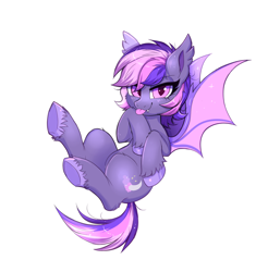 Size: 1276x1296 | Tagged: safe, artist:confetticakez, imported from derpibooru, oc, oc only, oc:midnight mist, bat pony, pony, :p, cute, cute little fangs, ear fluff, fangs, female, flying, mare, solo, tongue out, underhoof, unshorn fetlocks