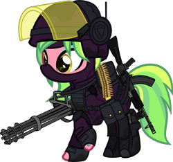 Size: 6000x5626 | Tagged: safe, alternate version, artist:n0kkun, imported from derpibooru, lemon zest, earth pony, pony, ak-103, ak-12, armor, assault rifle, balaclava, bandolier, belt, boots, bullet, clothes, dirt, equestria girls ponified, eyeshadow, female, fingerless gloves, gloves, gun, handgun, headphones, helmet, knee pads, makeup, mare, mask, minigun, mud, pants, pistol, ponified, pouch, raised hoof, raised leg, rifle, shirt, shoes, simple background, solo, tattoo, transparent background, visor, weapon