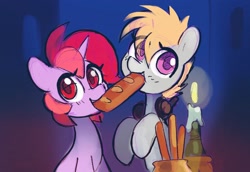 Size: 2176x1500 | Tagged: safe, artist:dawnfire, imported from derpibooru, oc, oc only, oc:cookie malou, oc:dawnfire, earth pony, pony, unicorn, baguette, biting, bread, breadsticks, candle, cute, female, food, headphones, lady and the tramp, mare