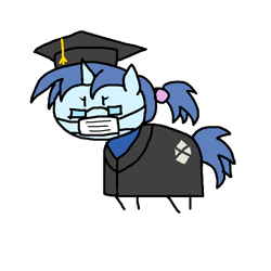 Size: 1000x1000 | Tagged: safe, artist:experimental_gd_inuk, imported from derpibooru, oc, oc only, oc:gem inukshuk, pony, unicorn, coronavirus, covid-19, face mask, female, glasses, graduation, graduation cap, hat, ponytail, simple background, solo, stick pony, stylistic suck, transparent background