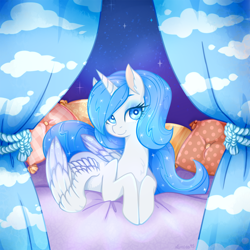 Size: 800x800 | Tagged: safe, artist:amoeba95, imported from derpibooru, oc, oc only, oc:white flare, alicorn, pony, alicorn oc, bed, female, horn, looking at you, mare, on bed, prone, solo, wings