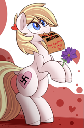 Size: 681x1029 | Tagged: safe, alternate version, artist:nignogs, imported from derpibooru, oc, oc only, oc:aryanne, earth pony, pony, art pack:marenheit 451, /mlp/, abstract background, aryan pony, bipedal, cute, drama bait, female, flower, heart, hoof hold, looking up, mare, mouth hold, nazi, nom, paper, smiling, solo, swastika