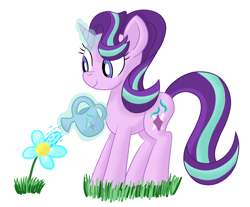 Size: 1574x1302 | Tagged: safe, artist:notadeliciouspotato, imported from derpibooru, starlight glimmer, pony, unicorn, atg 2020, female, flower, grass, magic, mare, newbie artist training grounds, simple background, smiling, solo, telekinesis, watering can, white background