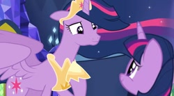 Size: 1080x596 | Tagged: safe, artist:diamond_confetti, edit, edited screencap, imported from derpibooru, screencap, twilight sparkle, alicorn, celestial advice, the last problem, crown, duo, hoof shoes, jewelry, peytral, princess twilight 2.0, regalia, self ponidox, twilight sparkle (alicorn)