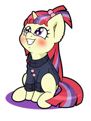 Size: 1200x1600 | Tagged: safe, artist:kumakum, imported from derpibooru, moondancer, pony, unicorn, blushing, cute, dancerbetes, ear fluff, female, grin, mare, missing accessory, simple background, sitting, smiling, solo, transparent background