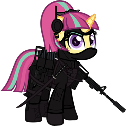 Size: 6000x5999 | Tagged: safe, artist:n0kkun, imported from derpibooru, sour sweet, pony, unicorn, armor, assault rifle, belt, body armor, boots, clothes, commission, disguise, disguised changeling, ear piercing, earring, equestria girls ponified, eyeshadow, female, freckles, gloves, gun, handgun, headset, jacket, jewelry, katana, m4a1, makeup, mare, mask, mercenary, ninja, pants, piercing, pistol, ponified, pouch, rifle, shoes, simple background, smiling, smirk, solo, submachinegun, sword, transparent background, ump45, weapon