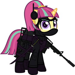 Size: 6000x5999 | Tagged: safe, alternate version, artist:n0kkun, imported from derpibooru, sour sweet, pony, unicorn, armor, assault rifle, belt, body armor, boots, clothes, commission, disguise, disguised changeling, ear piercing, earring, equestria girls ponified, eyeshadow, female, freckles, gloves, gun, handgun, headset, jacket, jewelry, katana, m4a1, makeup, mare, mask, mercenary, ninja, pants, piercing, pistol, ponified, pouch, rifle, shoes, simple background, smiling, smirk, solo, submachinegun, sword, transparent background, ump45, weapon