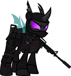 Size: 6000x6458 | Tagged: safe, alternate version, artist:n0kkun, imported from derpibooru, sour sweet, changeling, armor, assault rifle, belt, body armor, boots, changelingified, clothes, commission, disguise, equestria girls ponified, female, freckles, gloves, gun, handgun, headset, jacket, katana, looking forward, m4a1, mare, mask, mercenary, ninja, pants, piercing, pistol, ponified, pouch, rifle, shoes, simple background, smiling, smirk, solo, species swap, submachinegun, sword, transparent background, ump45, weapon