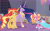 Size: 2029x1254 | Tagged: safe, artist:luna.queex, edit, edited screencap, imported from derpibooru, screencap, luster dawn, sunset shimmer, twilight sparkle, alicorn, pony, the last problem, alicornified, alternate universe, balloon, clothes, dress, ethereal mane, female, hoof shoes, lustercorn, mare, married couple, older, peytral, princess twilight 2.0, race swap, raised hoof, shimmercorn, starry mane, twilight sparkle (alicorn)