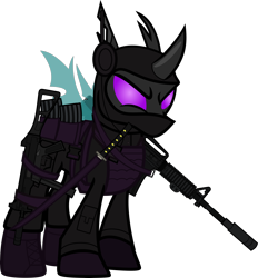 Size: 6000x6458 | Tagged: safe, alternate version, artist:n0kkun, imported from derpibooru, sour sweet, changeling, armor, assault rifle, belt, body armor, boots, changelingified, clothes, commission, disguise, equestria girls ponified, female, freckles, gloves, gun, handgun, headset, jacket, katana, looking at you, m4a1, mare, mask, mercenary, ninja, pants, piercing, pistol, ponified, pouch, rifle, shoes, simple background, smiling, smirk, solo, species swap, submachinegun, sword, transparent background, ump45, weapon