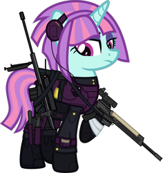 Size: 6000x6355 | Tagged: safe, alternate version, artist:n0kkun, imported from derpibooru, sunny flare, pony, unicorn, ar-57, armor, assault rifle, auto-9, bag, bandage, belt, boots, c4, clothes, cobra assault cannon, commission, equestria girls ponified, eyeshadow, female, gloves, goggles, gun, handgun, headset, helmet, knee pads, knife, makeup, mare, mercenary, pants, pistol, ponified, radio, raised hoof, rifle, robocop, saddle bag, shoes, simple background, solo, transparent background, watch, weapon, wristwatch