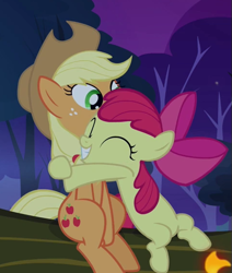 Size: 479x565 | Tagged: safe, imported from derpibooru, screencap, apple bloom, applejack, sleepless in ponyville, adorabloom, apple sisters, cropped, cute, duo, eyes closed, female, hug, siblings, sisterbetes, sisters, sitting, smiling, sweet dreams fuel