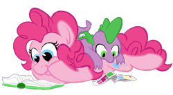 Size: 2000x1100 | Tagged: safe, artist:skookz, imported from derpibooru, pinkie pie, spike, dragon, pony, baby, baby dragon, book, comic book, cute, duo, female, happy, hooves on cheeks, laying on stomach, lying down, lying on top of someone, male, mare, prone, reading, simple background, spikabetes, transparent background