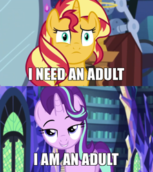 Size: 600x675 | Tagged: safe, edit, edited screencap, imported from derpibooru, screencap, starlight glimmer, sunset shimmer, pony, unicorn, equestria girls, mirror magic, spoiler:eqg specials, bag, bedroom eyes, caption, dialogue, dragon ball, dragonball z abridged, duo, female, flirting, i am an adult, i need an adult, image macro, lesbian, lidded eyes, meme, saddle bag, seductive, seductive look, sexy, shimmerglimmer, shipping, stupid sexy sunset shimmer, team four star, teletoon, text