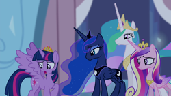 Size: 1280x720 | Tagged: safe, imported from derpibooru, screencap, princess cadance, princess celestia, princess luna, twilight sparkle, alicorn, pony, twilight's kingdom, alicorn tetrarchy, ethereal mane, female, jewelry, looking back, mare, peytral, starry mane, tiara, twilight sparkle (alicorn), worried, you'll play your part