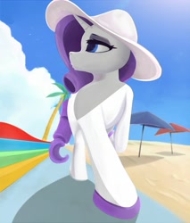 Size: 2608x3066 | Tagged: safe, artist:scarlet wayfarer, imported from derpibooru, rarity, pony, unicorn, beach, female, hat, palm tree, sandals, solo, sun hat, tree, umbrella