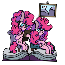 Size: 6000x6000 | Tagged: safe, artist:hymyt2, imported from derpibooru, pinkie pie, earth pony, pony, book, duality, duo, female, glasses, mare, self ponidox, simple background, sitting, transparent background, writing