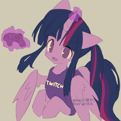 Size: 2000x2000 | Tagged: safe, artist:moyasi, imported from derpibooru, twilight sparkle, alicorn, pony, alternate hairstyle, clothes, controller, female, glowing horn, horn, magic, open mouth, shirt, simple background, solo, telekinesis, twilight sparkle (alicorn), twitch