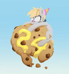 Size: 1735x1863 | Tagged: safe, artist:jimmyjamno1, imported from derpibooru, oc, oc only, oc:cookie malou, earth pony, pony, birthday, cookie, food, frosting, hat, party hat, ponies in food, solo