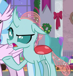 Size: 591x616 | Tagged: safe, imported from derpibooru, screencap, ocellus, silverstream, changedling, changeling, the hearth's warming club, angry, cropped, curved horn, female, horn, ocellus is not amused, offscreen character, open mouth, raised eyebrow, raised hoof, solo, solo focus, teenager, unamused