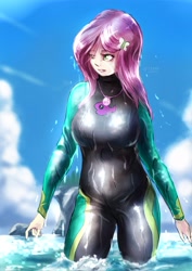 Size: 2893x4092 | Tagged: safe, artist:oberon826, imported from derpibooru, fluttershy, human, equestria girls, equestria girls series, breasts, busty fluttershy, clothes, female, fluttershy's wetsuit, geode of fauna, magical geodes, solo, summer, swimsuit, wet, wetsuit