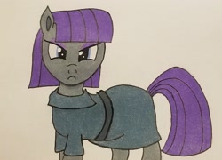 Size: 1788x1290 | Tagged: safe, artist:polar_storm, imported from derpibooru, maud pie, earth pony, pony, blue eyes, clothes, colored, cute, enraged, female, frown, mare, maud pie is not amused, maudabetes, simple background, sketch, solo, traditional art, unhappy, white background