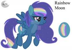 Size: 1280x884 | Tagged: safe, artist:celestiaisbestponyyt, artist:princesslunayay, imported from derpibooru, oc, oc only, oc:rainbow moon, pegasus, pony, base used, birthmark, deviantart, deviantart watermark, ethereal mane, female, gayverse, logo, magical lesbian spawn, mare, multicolored eyes, multicolored hair, multicolored mane, obtrusive watermark, offspring, parent:princess luna, parent:rainbow dash, parents:lunadash, rainbow hair, simple background, smiling, solo, starry mane, watermark, white background