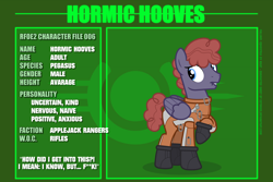 Size: 6000x4000 | Tagged: safe, artist:estories, imported from derpibooru, oc, oc only, oc:hormic hooves, pegasus, pony, fallout equestria, absurd resolution, applejack rangers, fallout, lip bite, male, reference sheet, revenant — fallout equestria 2, solo, stallion