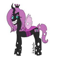 Size: 1280x1280 | Tagged: safe, alternate version, artist:sinsationalstudios, imported from derpibooru, fluttershy, oc, oc only, oc:queen shutterbug, changeling, changeling queen, alternate design, alternate reality, alternate timeline, alternate universe, changelingified, crown, cutie mark, eyeshadow, female, flutterling, jewelry, makeup, purple changeling, queen fluttershy, regalia, role reversal, simple background, solo, species swap, white background